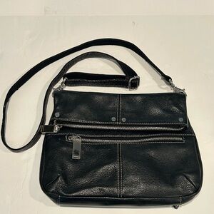 Tignanello Small Black Pebble Leather Crossbody Bag, Pockets, Silver Hardware
